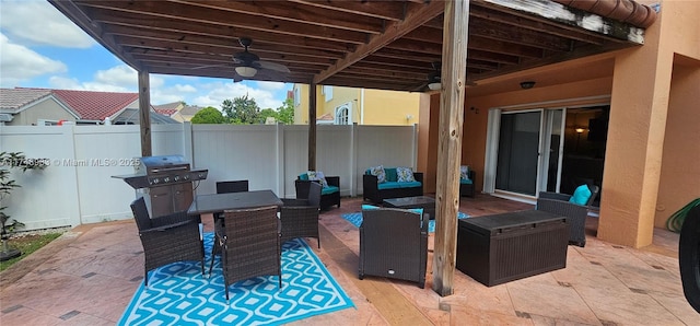 18860 NW 12th St, Pembroke Pines, FL 33029 - fenced backyard with an outdoor hangout area, a patio area, a ceiling fan, and outdoor dining area