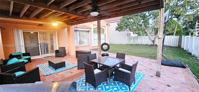 view of patio with ceiling fan, outdoor dining space, outdoor lounge area, and a fenced backyard