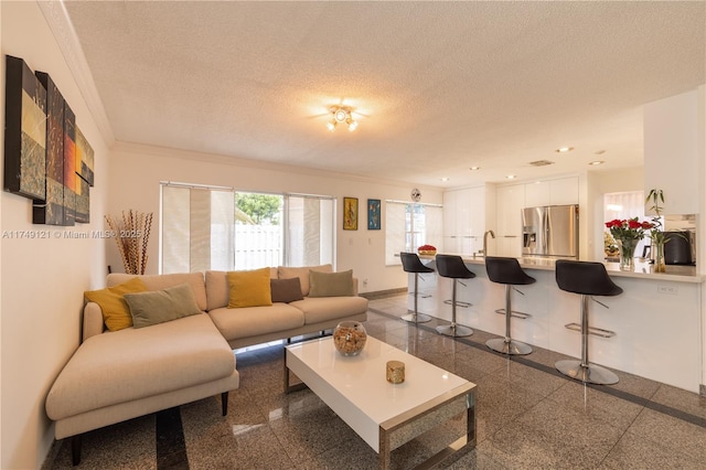 living room with baseboards, ornamental molding, recessed lighting, granite finish floor, and a textured ceiling