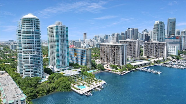 birds eye view of property featuring a view of city and a water view