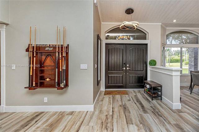 kitchen featuring light wood-style flooring, pool table, wood ceiling, visible vents, and decorative light fixtures