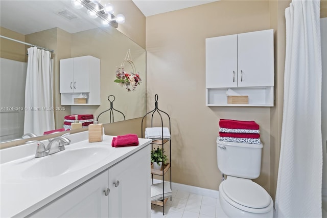 full bath featuring tile patterned flooring, toilet, vanity, visible vents, and baseboards