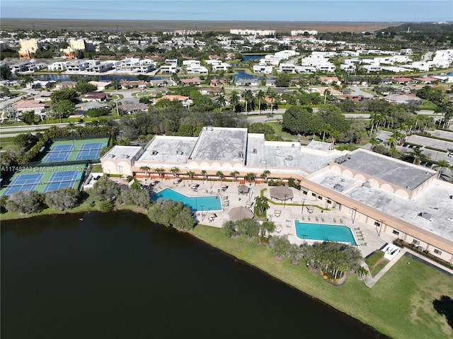 aerial view featuring a residential view and a water view