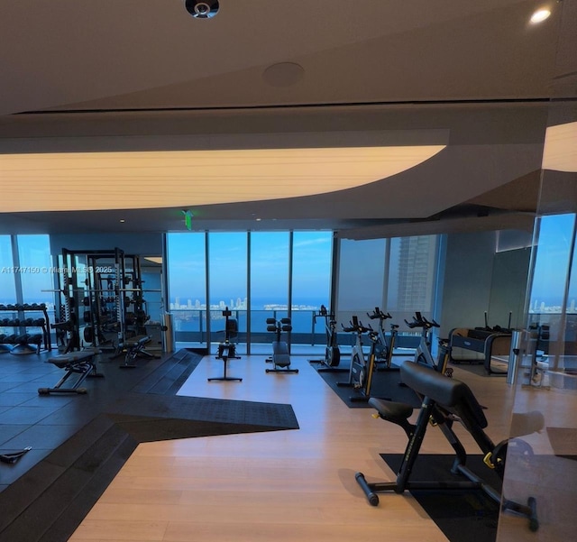 1000 Brickell Plz Unit 4314, Miami, FL 33131 - gym featuring a wall of windows and wood finished floors