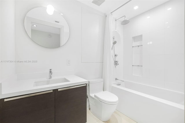 full bathroom with  shower combination, visible vents, toilet, and vanity