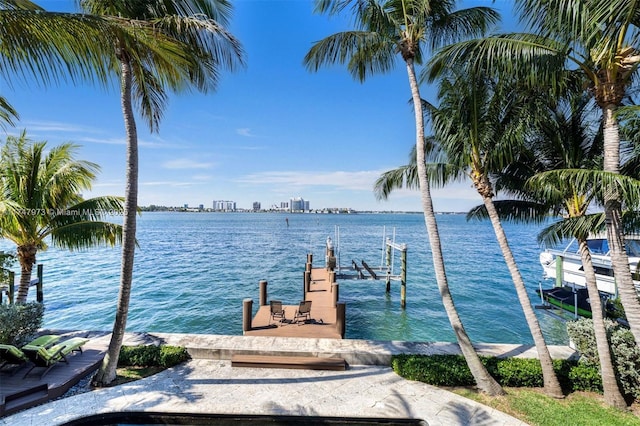 dock area featuring a water view, boat lift, and a view of city