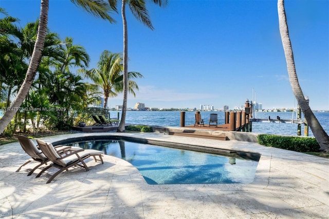 view of pool with a boat dock and a water view