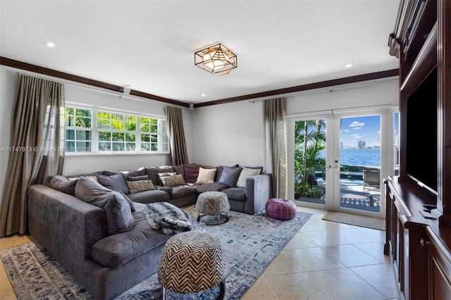 living room featuring recessed lighting, french doors, and light tile patterned floors