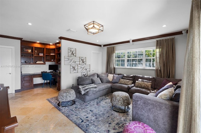 living room featuring built in desk, recessed lighting, and crown molding