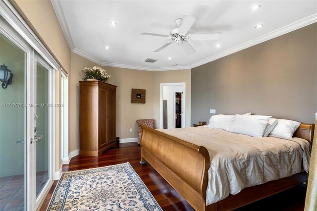 bedroom featuring recessed lighting, visible vents, baseboards, ornamental molding, and dark wood finished floors