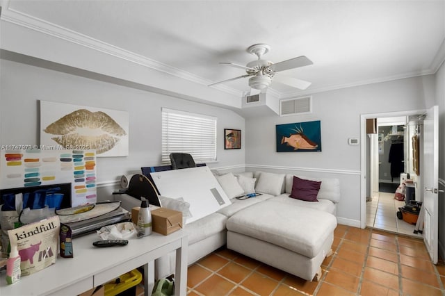 bedroom with ceiling fan, tile patterned floors, visible vents, and crown molding