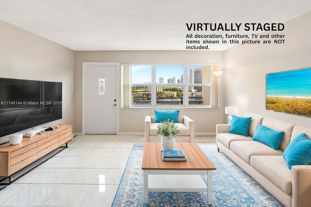 tiled living room featuring baseboards and a city view
