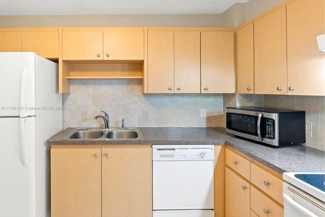 kitchen with backsplash, light brown cabinetry, open shelves, and white appliances