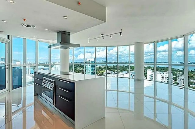 kitchen with dark cabinets, island exhaust hood, floor to ceiling windows, light countertops, and stainless steel oven