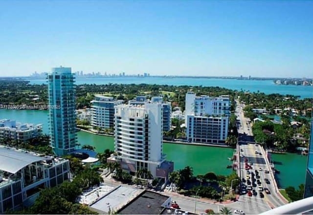 aerial view with a water view and a city view