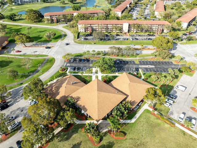 drone / aerial view featuring a water view