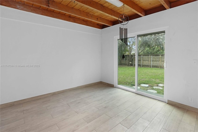 empty room featuring baseboards, wooden ceiling, beamed ceiling, an inviting chandelier, and light wood-type flooring