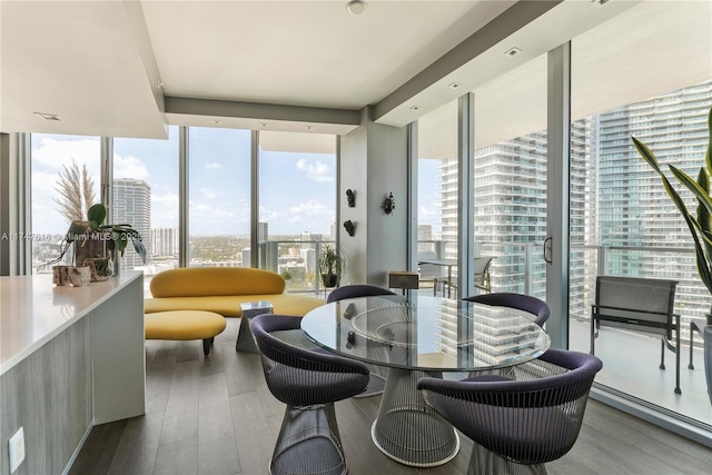 interior space featuring a view of city, expansive windows, and wood finished floors