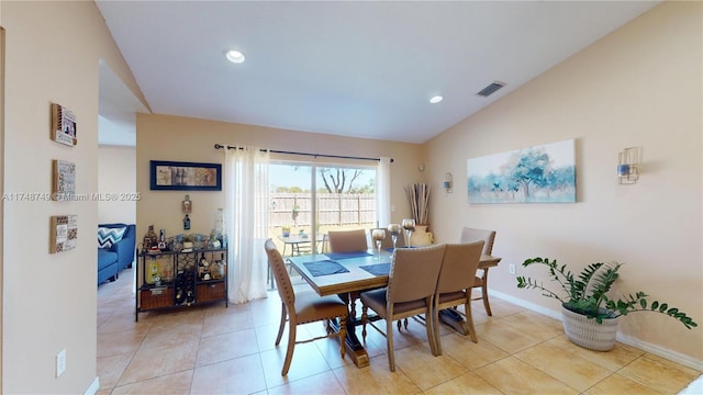 dining room featuring light tile patterned floors, recessed lighting, visible vents, vaulted ceiling, and baseboards
