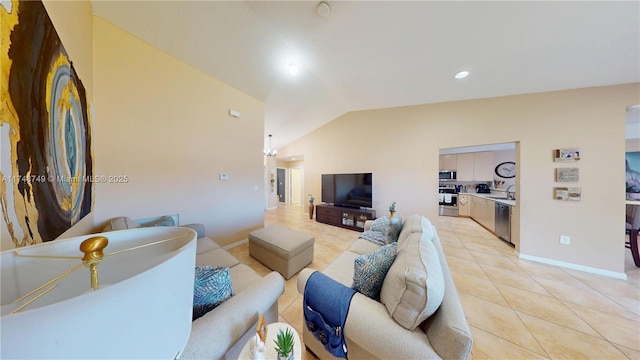 living room with light tile patterned floors, vaulted ceiling, recessed lighting, and baseboards