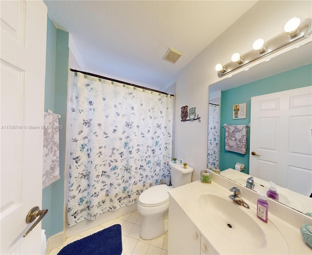 bathroom featuring visible vents, a shower with shower curtain, toilet, tile patterned flooring, and vanity