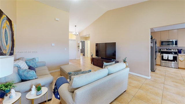 living area featuring light tile patterned floors, baseboards, and high vaulted ceiling