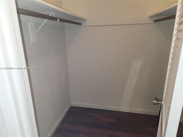 walk in closet with dark wood-type flooring