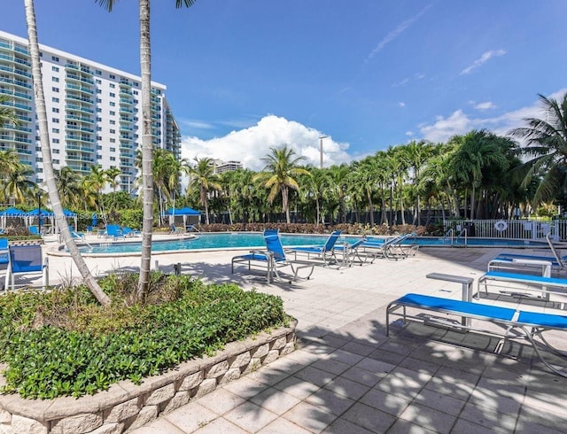 view of swimming pool with a patio area and fence