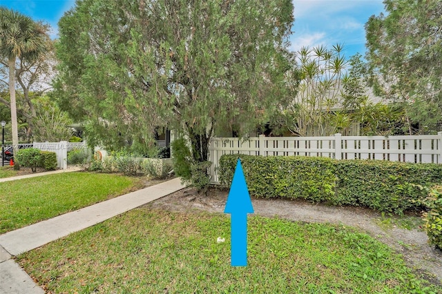 surrounding community with fence and a yard