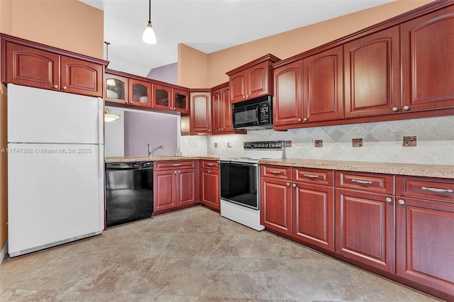 kitchen with hanging light fixtures, backsplash, glass insert cabinets, a sink, and black appliances