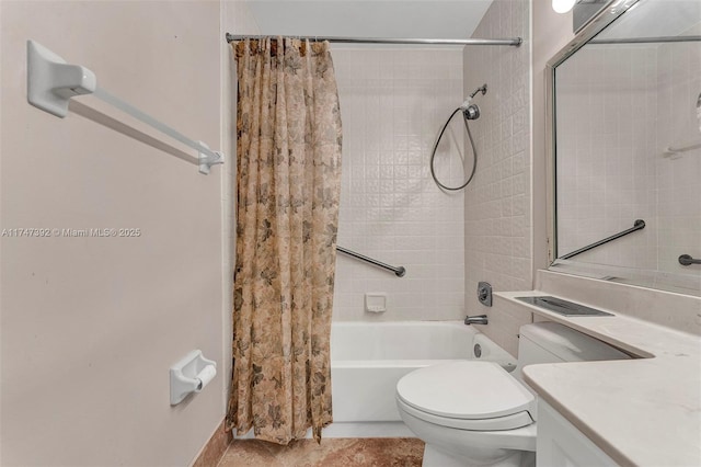 full bathroom with shower / bath combo, vanity, and toilet