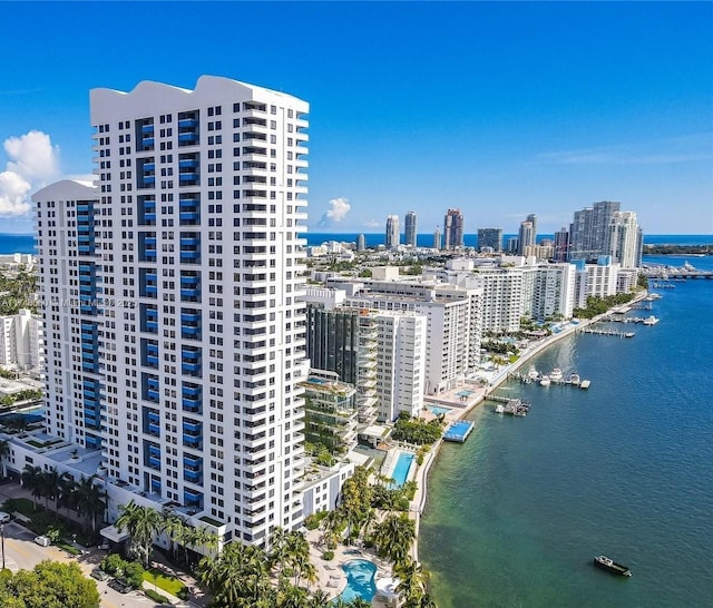 aerial view with a view of city and a water view