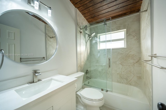 bathroom with toilet, bath / shower combo with glass door, wood ceiling, and vanity