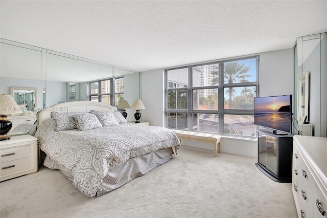 bedroom featuring light carpet and a textured ceiling
