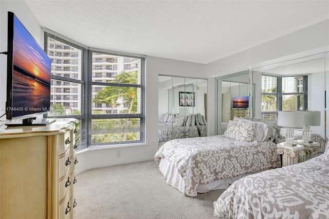 carpeted bedroom with multiple windows and a textured ceiling
