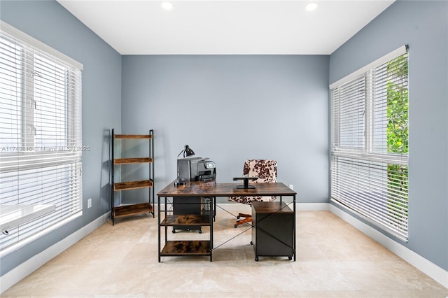 office area featuring recessed lighting, light tile patterned flooring, and baseboards