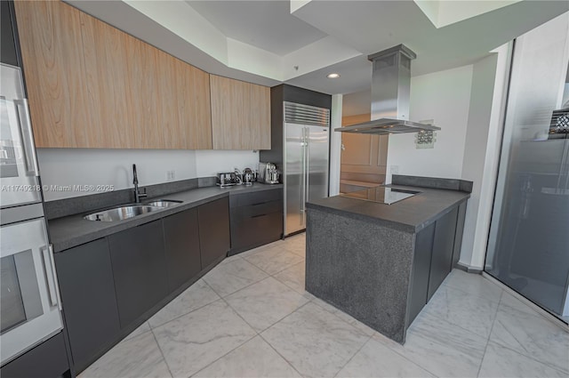 18201 Collins Ave Unit 1201, Sunny Isles Beach, FL 33160 - kitchen with island exhaust hood, built in refrigerator, a sink, dark countertops, and modern cabinets