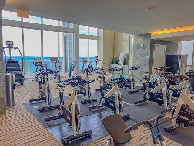 18201 Collins Ave Unit 1201, Sunny Isles Beach, FL 33160 - workout area with healthy amount of natural light, a wall of windows, and carpet flooring