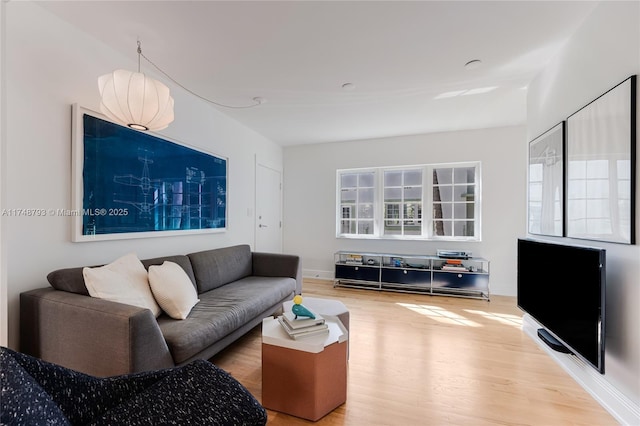 living room with baseboards and wood finished floors