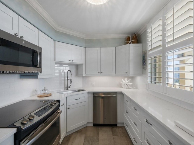 kitchen featuring wood finished floors, a sink, white cabinetry, appliances with stainless steel finishes, and crown molding