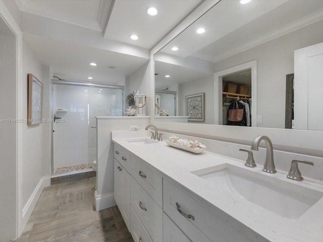 full bath featuring a sink, double vanity, a walk in closet, and a shower stall