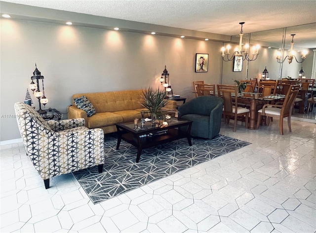 living room with a textured ceiling, baseboards, a notable chandelier, and recessed lighting