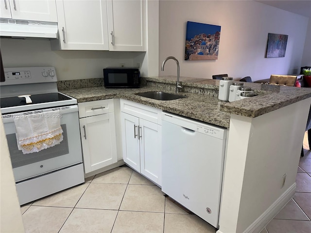 kitchen featuring under cabinet range hood, a peninsula, white appliances, a sink, and white cabinets