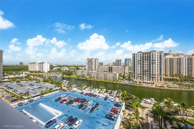 aerial view with a water view and a city view