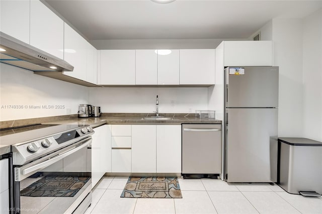 kitchen featuring dark countertops, appliances with stainless steel finishes, white cabinets, a sink, and modern cabinets