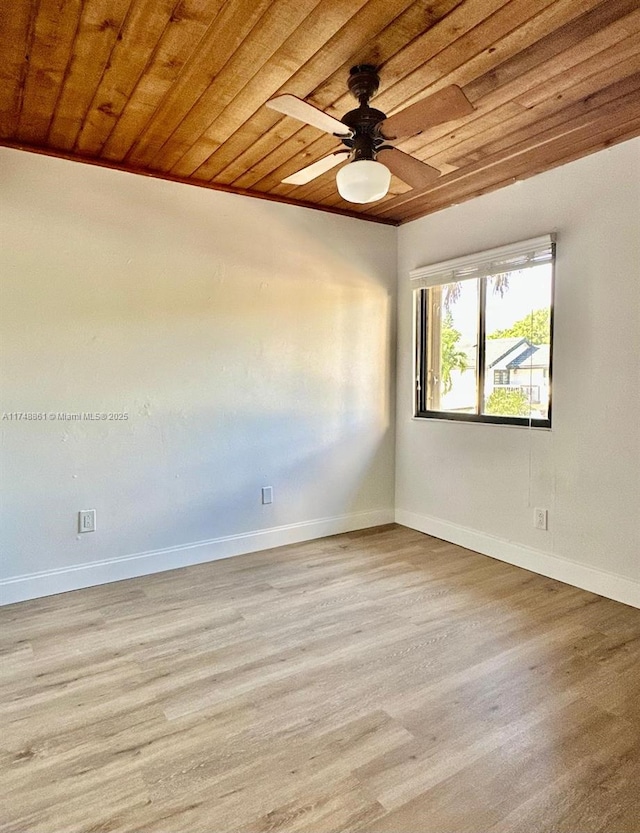 spare room featuring light wood finished floors, wood ceiling, baseboards, and ceiling fan