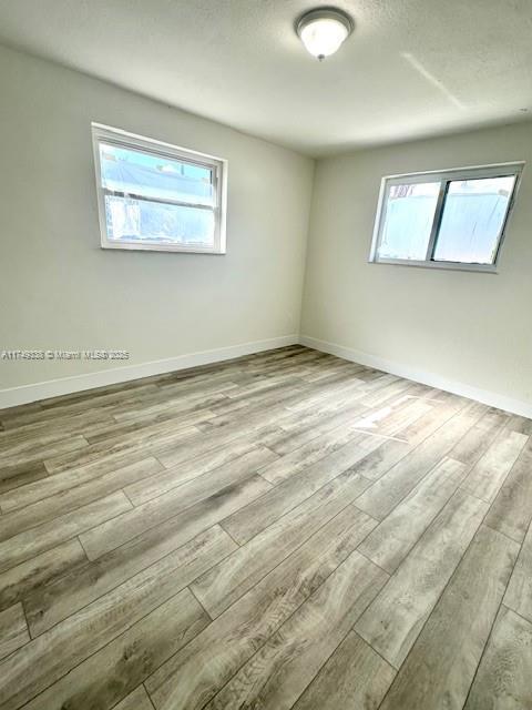 spare room featuring light wood-style floors, a healthy amount of sunlight, and baseboards