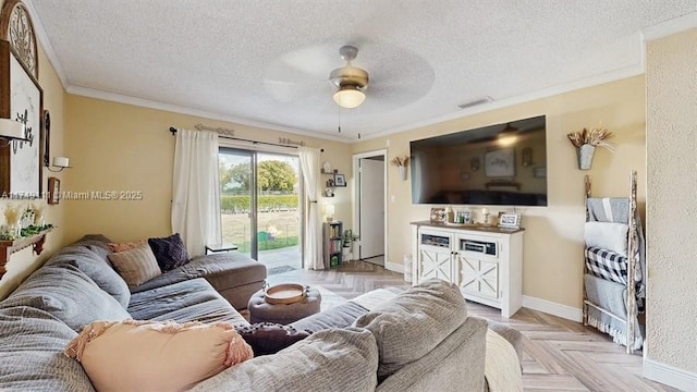 10927 NW 29th Ct, Sunrise, FL 33322 - living room featuring a ceiling fan, crown molding, a textured ceiling, and baseboards