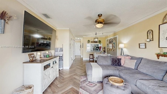 10927 NW 29th Ct, Sunrise, FL 33322 - living area with a textured ceiling, ceiling fan, ornamental molding, and visible vents
