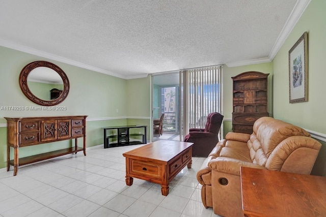 living room featuring ornamental molding, a textured ceiling, baseboards, and light tile patterned floors